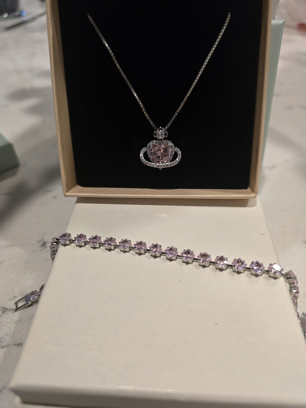 Silver Necklace and Bracelet Set with Pink Gemstones